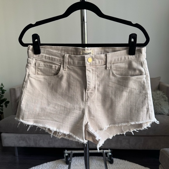 L'AGENCE Audrey Mid Rise Fray Hem Jean Shorts Beige Tan Biscuit Size 29
